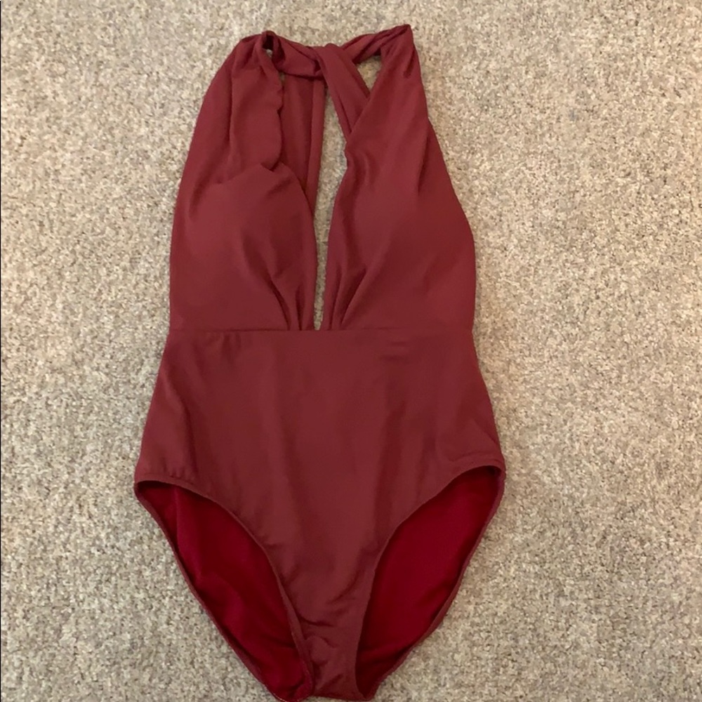 Plunging Maroon One Piece Swimsuit